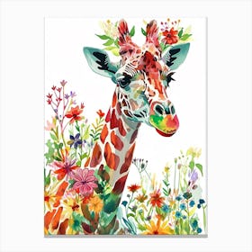 Giraffe With Flowers Watercolour 2 Canvas Print