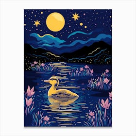 Linocut Style Duckling In The Lake Under The Moonlight 1 Canvas Print