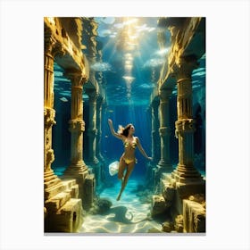 Woman swimming in gold underwater ruin 5 Canvas Print