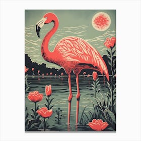 Vintage Bird Linocut Flamingo 5 Canvas Print