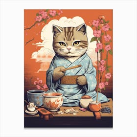 Kawaii Cat Drawings Drinking Tea 3 Canvas Print