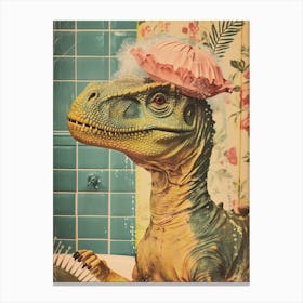 Dinosaur In The Shower With A Shower Cap Retro Collage 2 Canvas Print