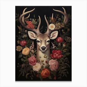 Deer Portrait With Rustic Flowers 1 Canvas Print