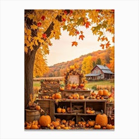 Autumnal Festival Scene Acorn Embraced By Falling Leaves Pumpkins Nestled Among Harvested Vegetabl (2) Canvas Print