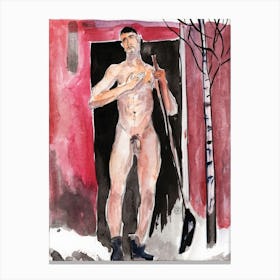 Male Nude With A Snow Shovel - man erotic homoerotic watercolor Anton Maliar red black Canvas Print