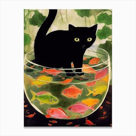 A Black Cat And Goldfish In A Bowl Illustration Matisse Style 3 Canvas Print
