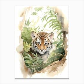 Tiger Illustration Birdwatching Watercolour 1 Canvas Print