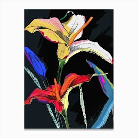 Neon Flowers On Black Calla Lily 1 Canvas Print