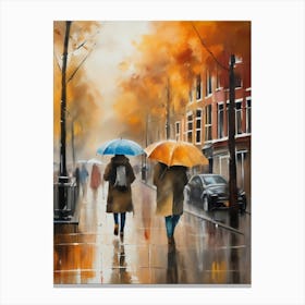 Amsterdam cafes, autumn, autumn oil colours, pastel colours, pedestrians in the street, winter clothes.3 Canvas Print