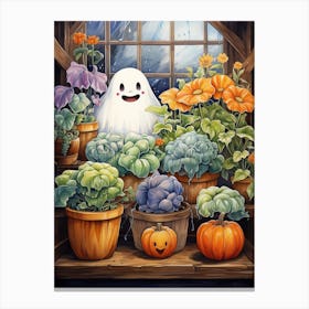 Cute Bedsheet Ghost, Botanical Halloween Watercolour 125 Canvas Print
