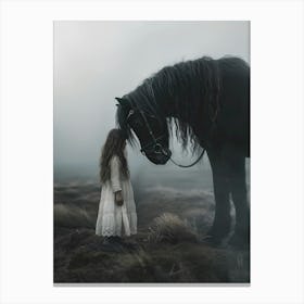 Girl And A black Horse Canvas Print