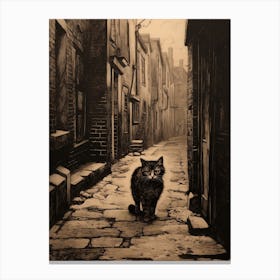 A Black Cat Wandering The Smoky Medieval Cobbled Streets 2 Canvas Print
