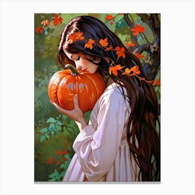 Girl Holding A Pumpkin Canvas Print