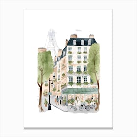 Paris Street Scene Illustration Watercolour Canvas Print