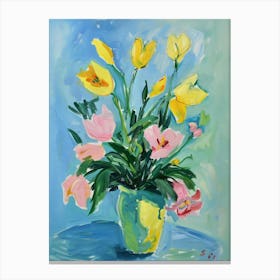 Yellow And Pink Tulips Still Life On Blue Background Canvas Print