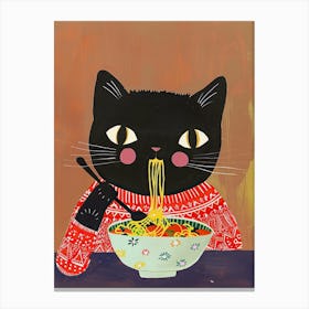 Cute Black Cat Eating Pasta Folk Illustration 2 Canvas Print