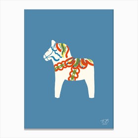 White Swedish Dalahorse On Blue Canvas Print