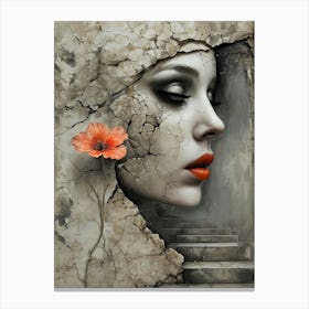 Cracked Elegance Surreal Portrait of a Woman with a Blooming Flower Canvas Print