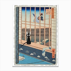 Jiji at the Window - Kiki's Delivery Service - Japanese Print - Studio Ghibli Mashup Canvas Print