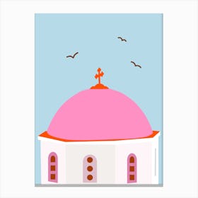 Santorini Travel Greece Pink And Blue Canvas Print