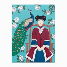 Chinese Woman And Peacock Canvas Print