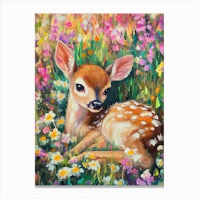 Young Deer In Wild Landscape With Spring Or Summer Colorful Flowers Canvas Print