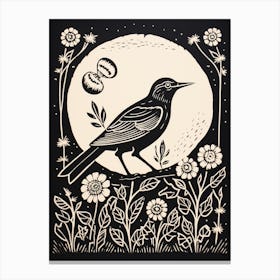 B&W Bird Linocut Mockingbird 1 Canvas Print