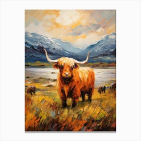 Brushstroke Painting Style Of Highland Cows In The Long Grass Canvas Print