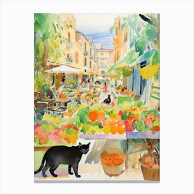 Food Market With Cats In Amalfi 1 Watercolour Canvas Print