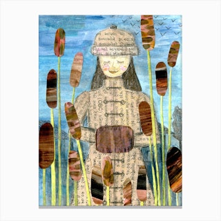 Girl In The Reeds Brown & Blue Canvas Print