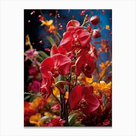 Red Orchids Caught In The Midst Of A Colorful Explosion Dynamic And Striking Bursting Amidst Vibra Canvas Print