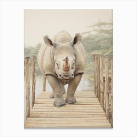 Rhino Walking Across A Wooden Bridge Illustration 2 Canvas Print