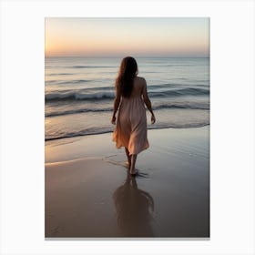 Woman Walking On The Beach At Sunset Canvas Print