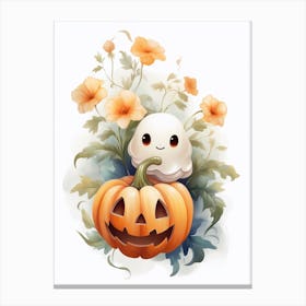 Cute Ghost With Pumpkins Halloween Watercolour 75 Canvas Print
