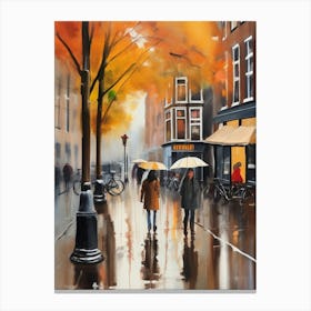 Amsterdam cafes, autumn season, rain, autumn oil colours.Faded colours,People passing on the street, winter clothes, rain umbrellas.2 3 Canvas Print