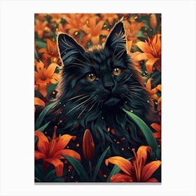 Black Cat In Lilies Canvas Print