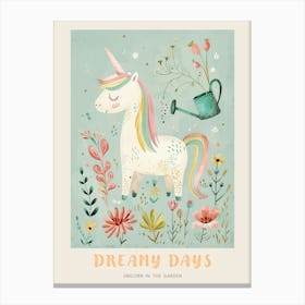 Cute Unicorn In The Garden With A Watering Can Poster Canvas Print
