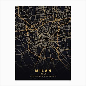 Milan Italy Black And Gold Map Canvas Print