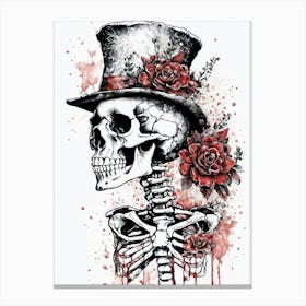 Floral Skeleton With Hat Ink Painting (100) Canvas Print