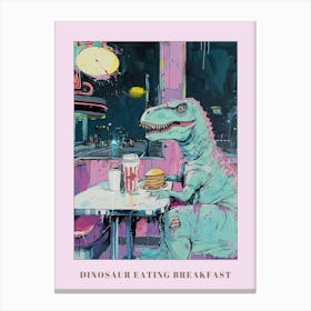 Abstract Dinosaur Eating Breakfast In A Cafe Pink Blue Purple 1 Poster Canvas Print