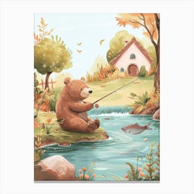 Sloth Bear Fishing In A Stream Storybook Illustration 3 Canvas Print