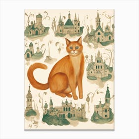 Curious Ginger Cat With Medieval Castles & Churches Canvas Print
