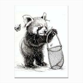 Red Panda Cub Playing With A Butterfly Net Ink Illustration 1 Canvas Print