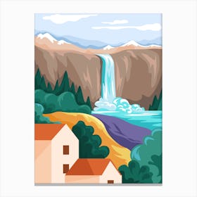 Scenery With Houses And Waterfall Landscapes Canvas Print
