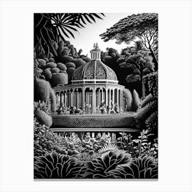 Royal Palace Of Laeken Gardens, Belgium Linocut Black And White Vintage Canvas Print