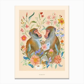 Folksy Floral Animal Drawing Baboon 4 Poster Canvas Print