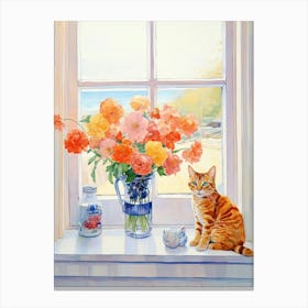 Cat With Freesia Flowers Watercolor Mothers Day Valentines 1 Canvas Print