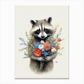Raccoon Cute Illustration With Flowers 3 Canvas Print