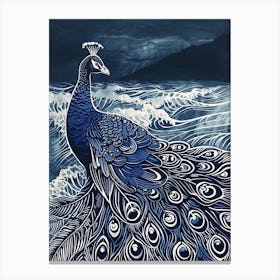 Peacock In The Waves Blue Linocut Inspired 1 Canvas Print