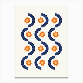 Geometric and Flower Pattern I in Navy Blue and Orange, Nostalgia Garden Shower Abstract Canvas Print